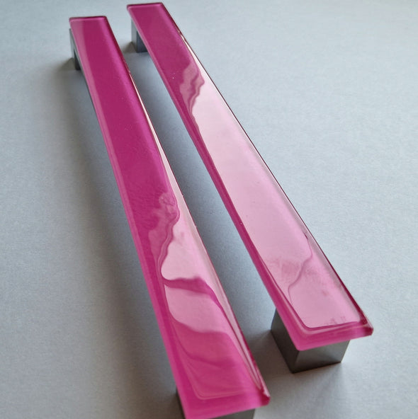A Set of 2 Large Glass Pulls in Matte Pink. Artistic Fuchsia Glass Pull. Pink Glass Pull - 00--