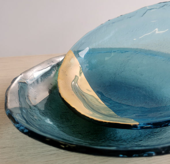 Set of 2 Sky Blue Fused Glass Dessert / Main Course / Pasta Plates With Gold / Platinum. Vanilla Collection