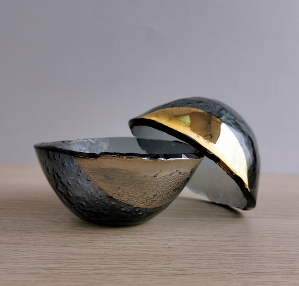 Set of Two Graphite Fused Glass Deep Sauce Bowls With Gold / Platinum. Dipping Sauce / Nuts Bowls. Vanilla Collection