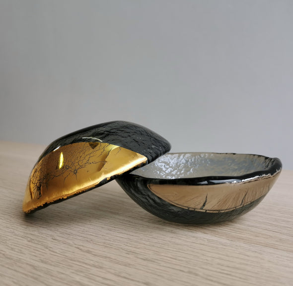 Set of Two Graphite Fused Glass Small Bowls - Gold/Platinum. Minimalist Glass Tableware Vanilla Collection