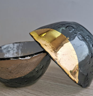 Set of Two Graphite Fused Glass Small Ice-Cream Bowls With Gold / Platinum. Dessert Minimalist Glass Tableware. Vanilla Collection
