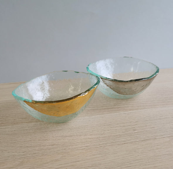 Set of Two Transparent Fused Glass Cereal Bowls With Gold / Platinum. Cereal / Soup Glass Bowls. Minimalist Glass Tableware. Vanilla Collection
