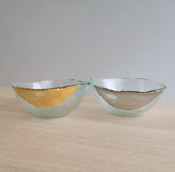 Set of Two Transparent Fused Glass Cereal Bowls With Gold / Platinum. Cereal / Soup Glass Bowls. Minimalist Glass Tableware. Vanilla Collection