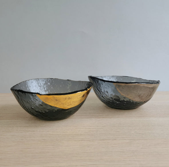 Set of Two Graphite Fused Glass Cereal Bowls With Gold / Platinum. Cereal / Soup Glass Bowls. Minimalist Glass Tableware. Vanilla Collection