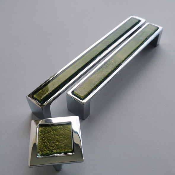 Pop-up Olive Green Fused Glass Pull/Knob. Artistic Pop-up Olive Green Glass Handle - 0049