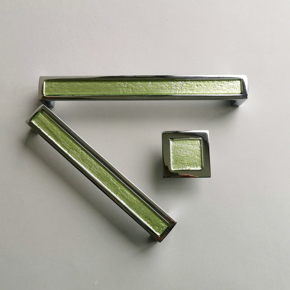 Pop-up Golden Green Fused Glass Pull/Knob. Soft Golden Green Fused Glass Handle - 0050