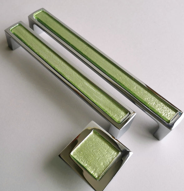 Pop-up Golden Green Fused Glass Pull/Knob. Soft Golden Green Fused Glass Handle - 0050