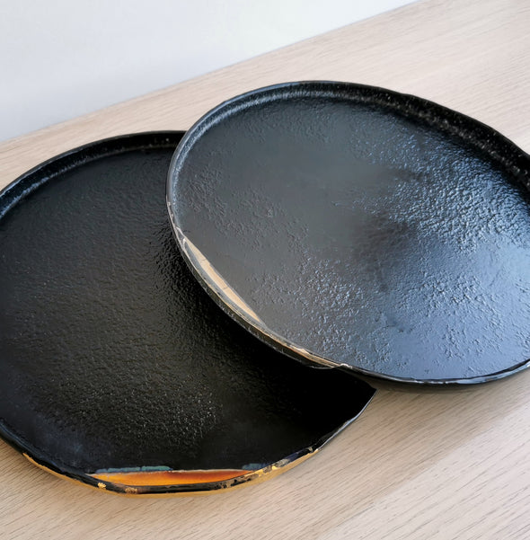 Set of 2 Black Fused Glass Platters With Gold And Platinum Details. Minimalist Platters. Custom Glass Dinnerware