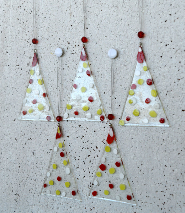 Fused Glass Christmas Tree Set. White, Green, Red Christmas Tree Decorations