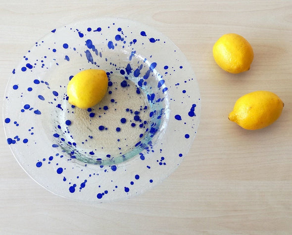 Modern Minimalist Fused Glass Fruit Bowl. Blue Accents Centerpiece Fruit-Bowl