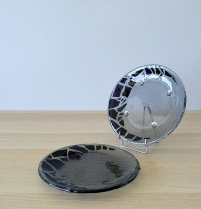 Set of 2 Fused Glass Dessert Plates with Black Mosaic Accents. Round Glass Plates Set