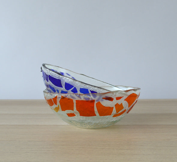 Set of 2 Fused Glass Red Blue Soup Bowls. Set of 2 Glass Cereal Bowls. Small Salad Bowls