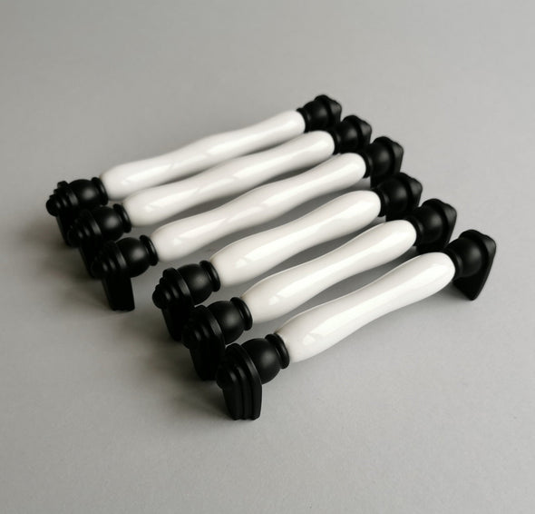 Set of 6 Modern Black and White Cabinet Pulls. Porcelain Cabinet Hardware. Contemporary Handle
