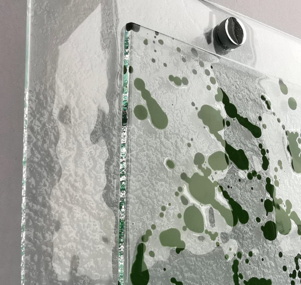 Fused Glass Jackson Pollock Inspired Wall Art Panel. Green Detailed Glass Wall Art