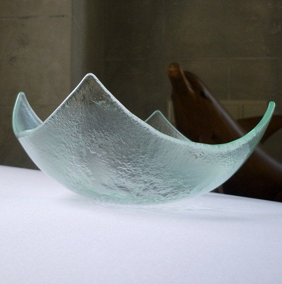 Abstract Modern Fused Glass Salad Bowl. Clear Glass Fruit Bowl M