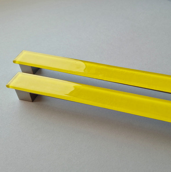 A Set of 2 Large Glass Pulls in Sunny Yellow. Artistic Bright Yellow Furniture Glass Pull 0044