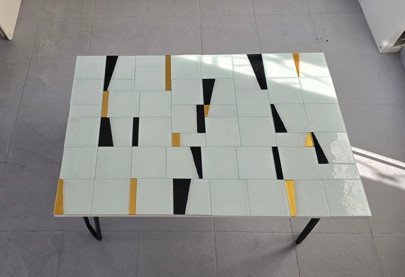 Artistic Glass Coffee Table. Glass Tile Coffee Table In White Black And Gold. Decorative Glass Coffee Table. Artistic Accent Furniture