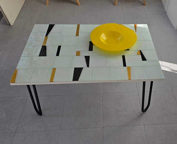 Artistic Glass Coffee Table. Glass Tile Coffee Table In White Black And Gold. Decorative Glass Coffee Table. Artistic Accent Furniture