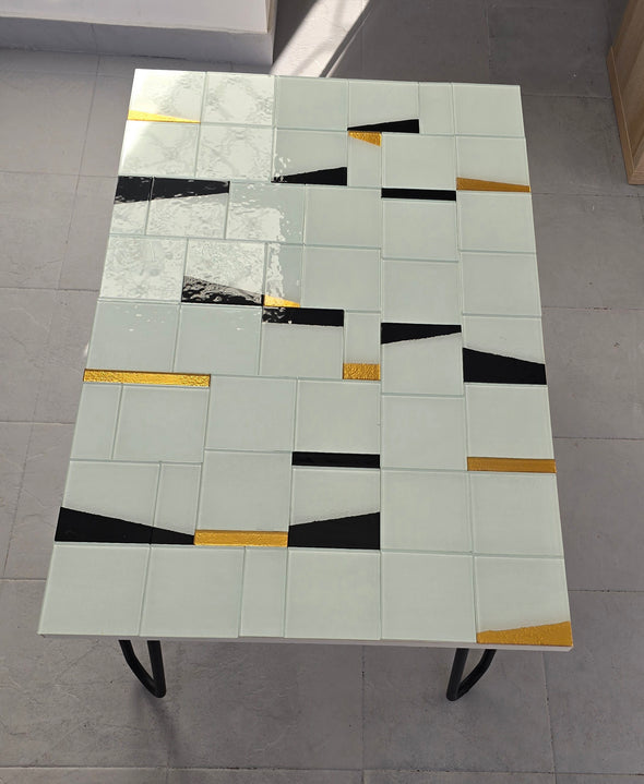 Artistic Glass Coffee Table. Glass Tile Coffee Table In White Black And Gold. Decorative Glass Coffee Table. Artistic Accent Furniture