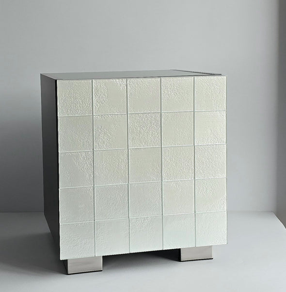 Artistic Pearl White Glass Door Night Stand. Tile Night Stand. Tile Cabinet in Pearl White Color 0016