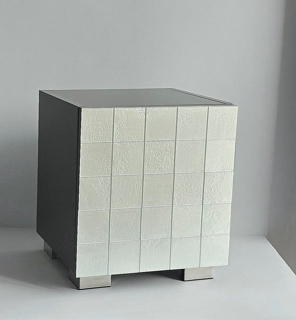 Artistic Pearl White Glass Door Night Stand. Tile Night Stand. Tile Cabinet in Pearl White Color 0016