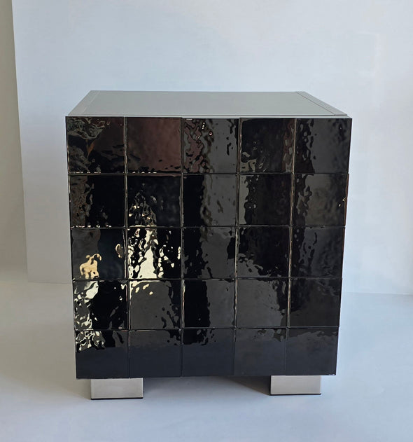 Artistic Matte Black Glass Door Night Stand. Tile Night Stand. Tile Cabinet in Matte Black Color 0051