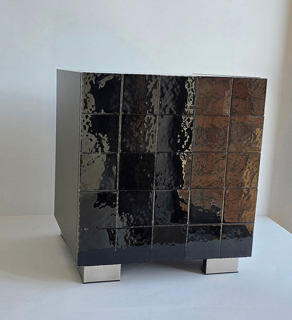 Artistic Matte Black Glass Door Night Stand. Tile Night Stand. Tile Cabinet in Matte Black Color 0051