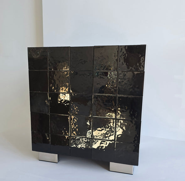 Artistic Matte Black Glass Door Night Stand. Tile Night Stand. Tile Cabinet in Matte Black Color 0051