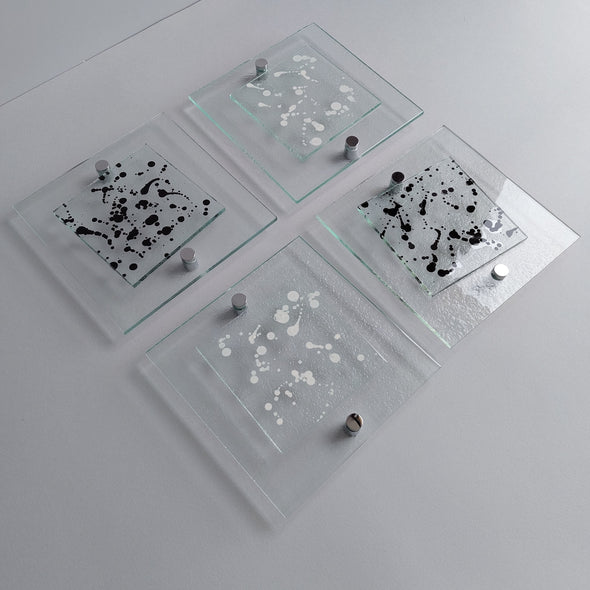 Set of 4 Fused Glass Jackson Pollock Inspired Wall Art Panel With White and Black. Modern Glass Wall Art. Elements 11