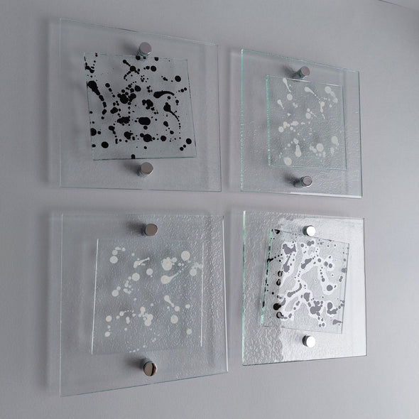 Set of 4 Fused Glass Jackson Pollock Inspired Wall Art Panel With White and Black. Modern Glass Wall Art. Elements 11