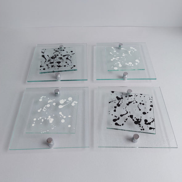 Set of 4 Fused Glass Jackson Pollock Inspired Wall Art Panel With White and Black. Modern Glass Wall Art. Elements 11