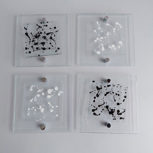 Set of 4 Fused Glass Jackson Pollock Inspired Wall Art Panel With White and Black. Modern Glass Wall Art. Elements 11