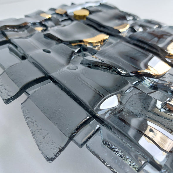 Fused Glass Grey Wall Art Panel With Gold. Detailed Glass Wall Panel. Modern Glass Wall Art.  Box 15