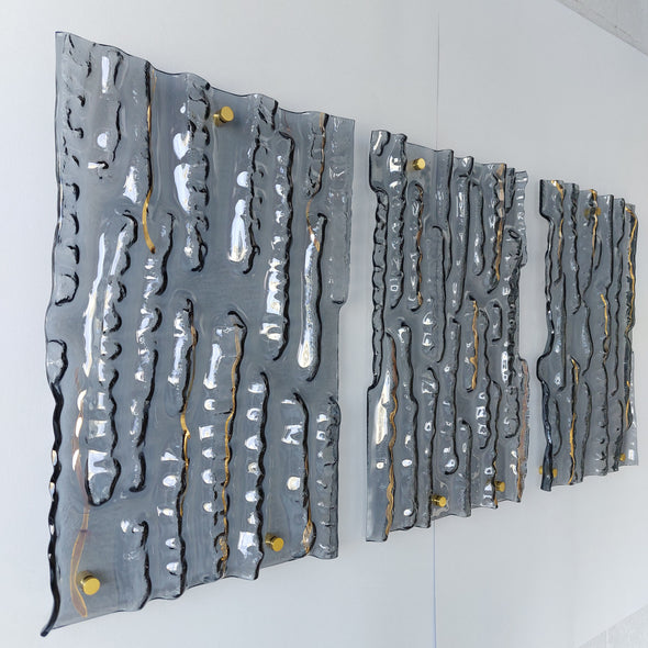 Set of 3 Artistic Grey Fused Glass Wall Art Panel With Gold. Detailed Glass Wall Panel. Modern Glass Wall Art. Artistic Glass Art. TexSet1
