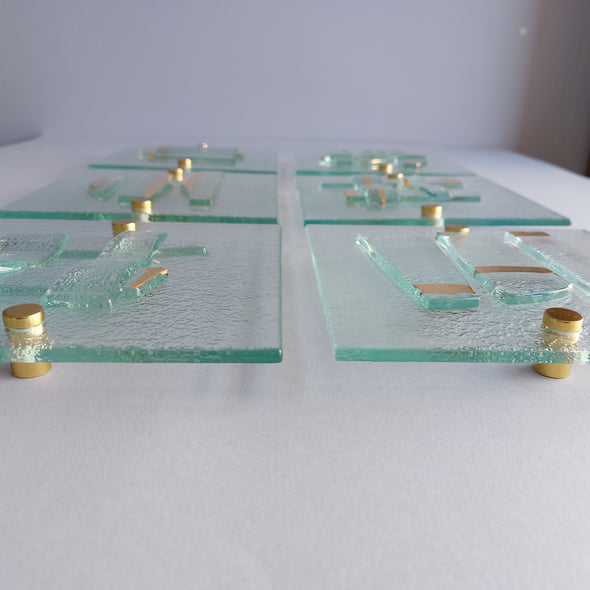 Set of 6 Artistic Clear Fused Glass Wall Art Panels With Gold. Gold Detailed Glass Wall Panels. Elements 12