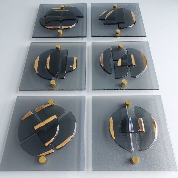 Set of 6 Artistic Grey Fused Glass Wall Art Panels With Gold. Gold Detailed Glass Wall Panels. Elements 13