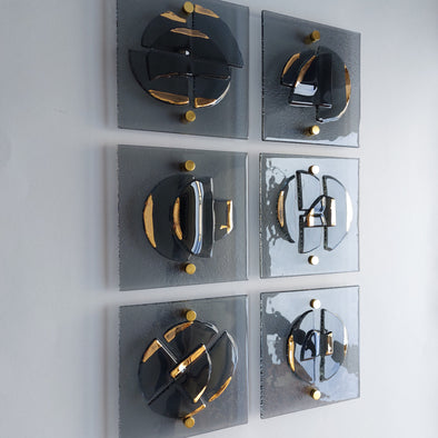 Set of 6 Artistic Grey Fused Glass Wall Art Panels With Gold. Gold Detailed Glass Wall Panels. Elements 13