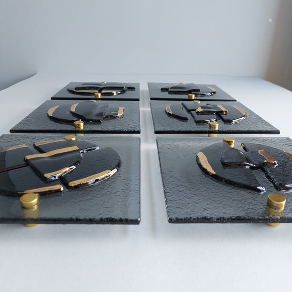 Set of 6 Artistic Grey Fused Glass Wall Art Panels With Gold. Gold Detailed Glass Wall Panels. Elements 13