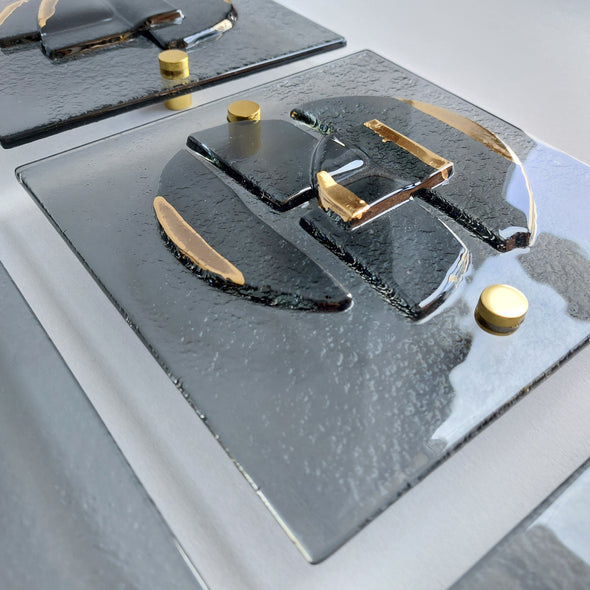 Set of 6 Artistic Grey Fused Glass Wall Art Panels With Gold. Gold Detailed Glass Wall Panels. Elements 13