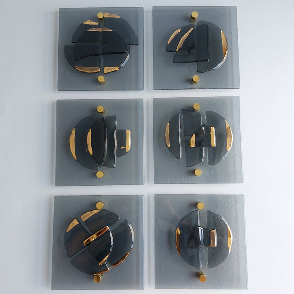 Set of 6 Artistic Grey Fused Glass Wall Art Panels With Gold. Gold Detailed Glass Wall Panels. Elements 13