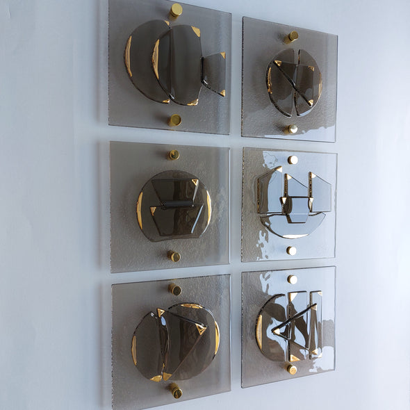 Set of 6 Artistic Bronze Fused Glass Wall Art Panels With Gold. Square Detailed Glass Wall Panels. Modern Bronze Glass Wall Art. Elements 18