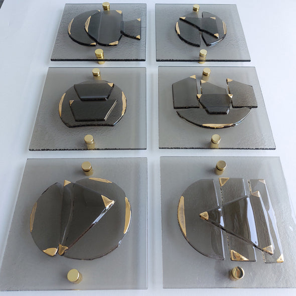 Set of 6 Artistic Bronze Fused Glass Wall Art Panels With Gold. Square Detailed Glass Wall Panels. Modern Bronze Glass Wall Art. Elements 18