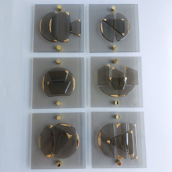 Set of 6 Artistic Bronze Fused Glass Wall Art Panels With Gold. Square Detailed Glass Wall Panels. Modern Bronze Glass Wall Art. Elements 18
