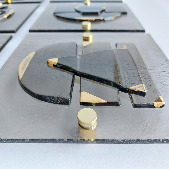 Set of 6 Artistic Bronze Fused Glass Wall Art Panels With Gold. Square Detailed Glass Wall Panels. Modern Bronze Glass Wall Art. Elements 18