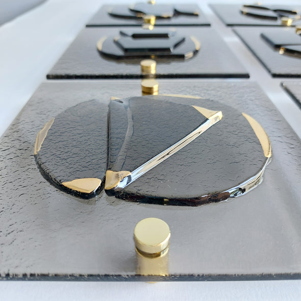 Set of 6 Artistic Bronze Fused Glass Wall Art Panels With Gold. Square Detailed Glass Wall Panels. Modern Bronze Glass Wall Art. Elements 18