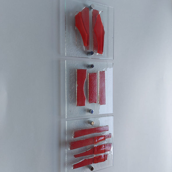 Set of 3 Artistic Clear Glass Wall Art Panels With Red. Red Detailed Glass Wall Panels. Modern Wall Art. Original Wall Art. Elements 23