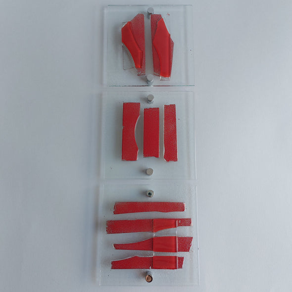 Set of 3 Artistic Clear Glass Wall Art Panels With Red. Red Detailed Glass Wall Panels. Modern Wall Art. Original Wall Art. Elements 23