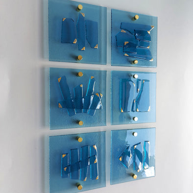 Set of 6 Artistic Blue Fused Glass Wall Art Panels With Gold. Gold Detailed Glass Wall Panels. Original Wall Art. Elements 21