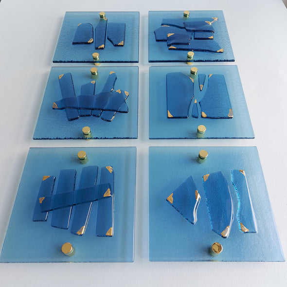 Set of 6 Artistic Blue Fused Glass Wall Art Panels With Gold. Gold Detailed Glass Wall Panels. Original Wall Art. Elements 21