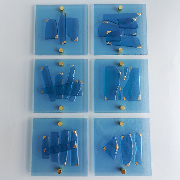 Set of 6 Artistic Blue Fused Glass Wall Art Panels With Gold. Gold Detailed Glass Wall Panels. Original Wall Art. Elements 21
